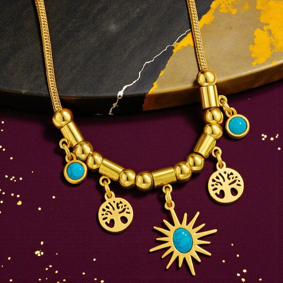 🆕18K Gold Plated Stainless Steel Turquoise Necklace Sun Tree Of Life Charms - Picture 8 of 10